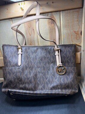 Michael Kors Jet Set Brown Signature Monogram Zip Tote Shoulder Bag Womens MK
